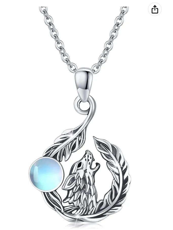 Celtic Knot Wolf Howling Moon Pendant Moonstone Necklace Wolf Leaf Jewelry Celtic Nordic Viking Ruins Hunter Norse Gift 925 Sterling Silver Chain 24in.