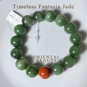 Certified genuine Siberian cat-eye dark green nephrite jade Bracelet - 13mm large beads 6.75 inch length