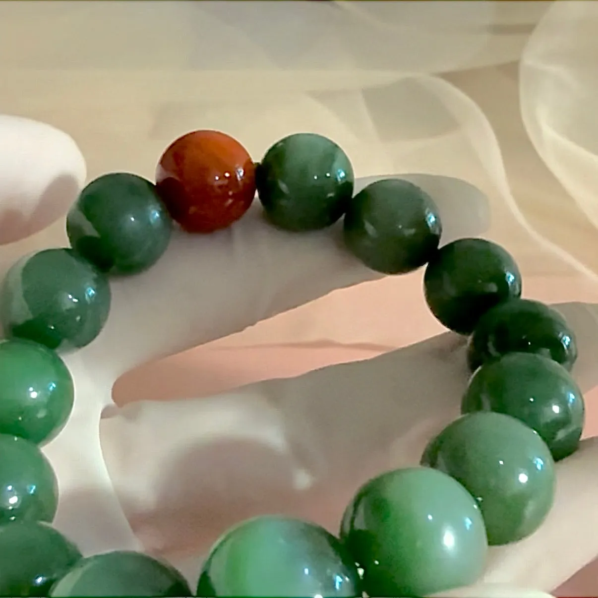 Certified genuine Siberian cat-eye dark green nephrite jade Bracelet - 13mm large beads 6.75 inch length