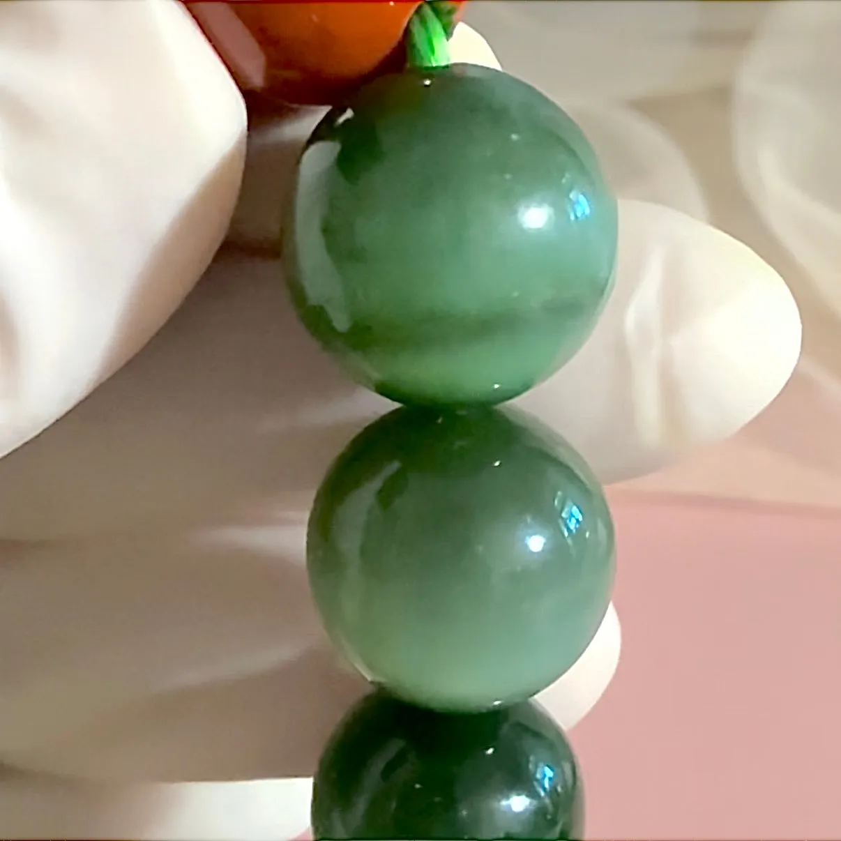 Certified genuine Siberian cat-eye dark green nephrite jade Bracelet - 13mm large beads 6.75 inch length