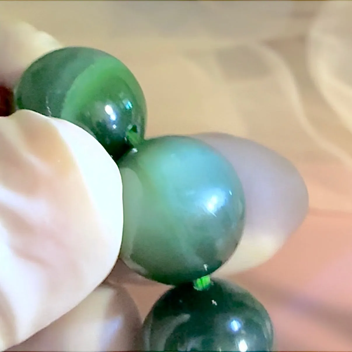 Certified genuine Siberian cat-eye dark green nephrite jade Bracelet - 13mm large beads 6.75 inch length