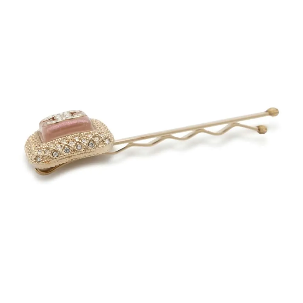 CHANEL CC Logo Rhinestone Hairpin Champagne Gold/Pink Metal Rhinestone