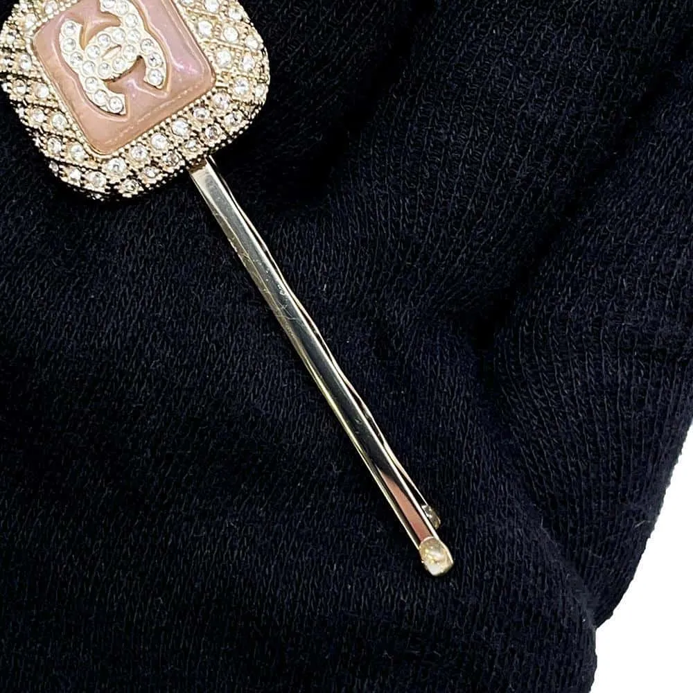 CHANEL CC Logo Rhinestone Hairpin Champagne Gold/Pink Metal Rhinestone