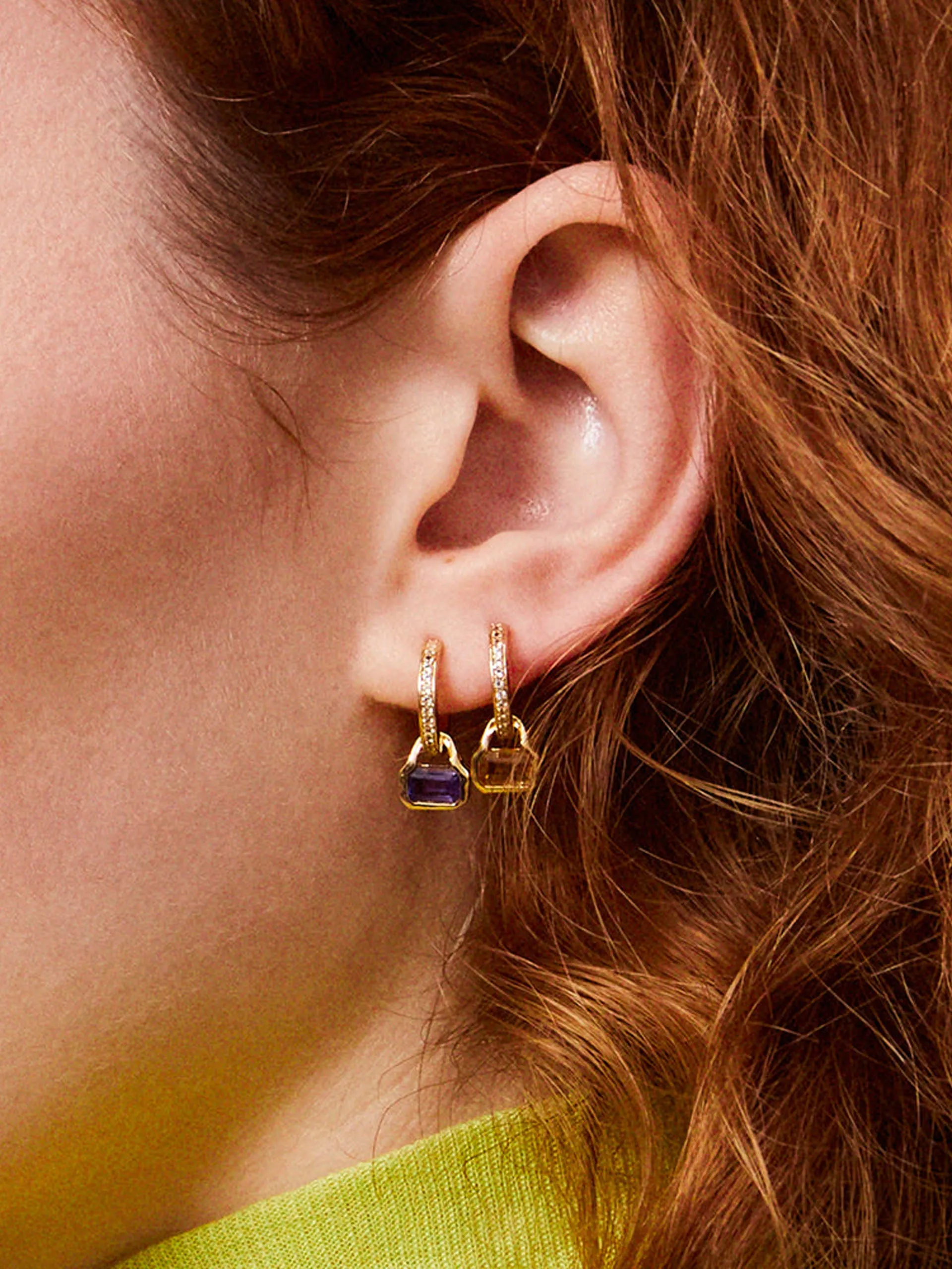 Citrine charm on white topaz hoops earrings
