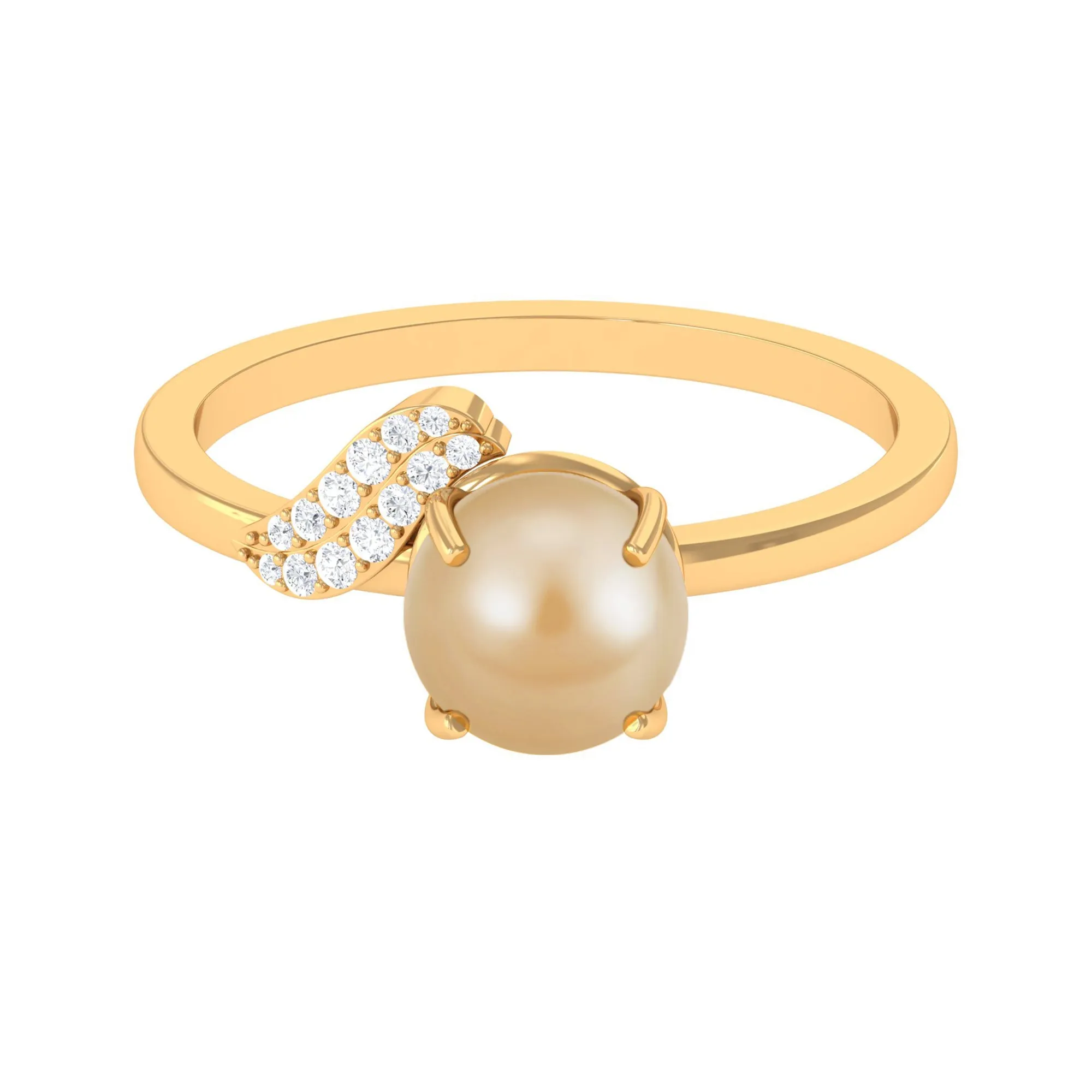 Classic South Sea Pearl Solitaire Ring with Diamond Leaf