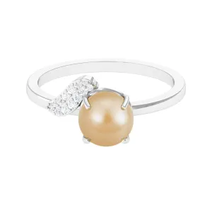 Classic South Sea Pearl Solitaire Ring with Diamond Leaf