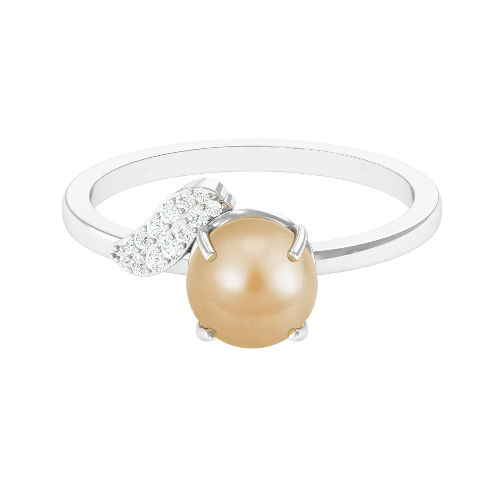 Classic South Sea Pearl Solitaire Ring with Diamond Leaf