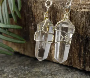 CLEAR QUARTZ Crystal Earrings - Wire Wrapped Jewelry, Crystal Points, Dangle Earrings, E0200