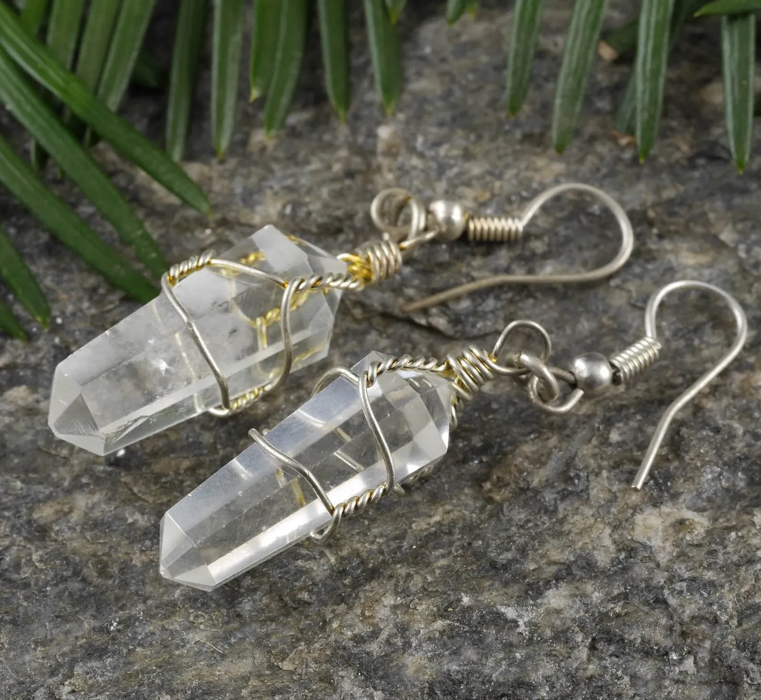 CLEAR QUARTZ Crystal Earrings - Wire Wrapped Jewelry, Crystal Points, Dangle Earrings, E0200