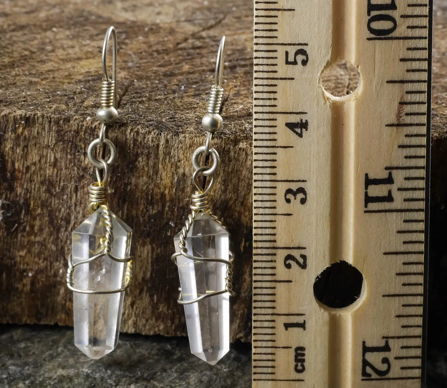 CLEAR QUARTZ Crystal Earrings - Wire Wrapped Jewelry, Crystal Points, Dangle Earrings, E0200