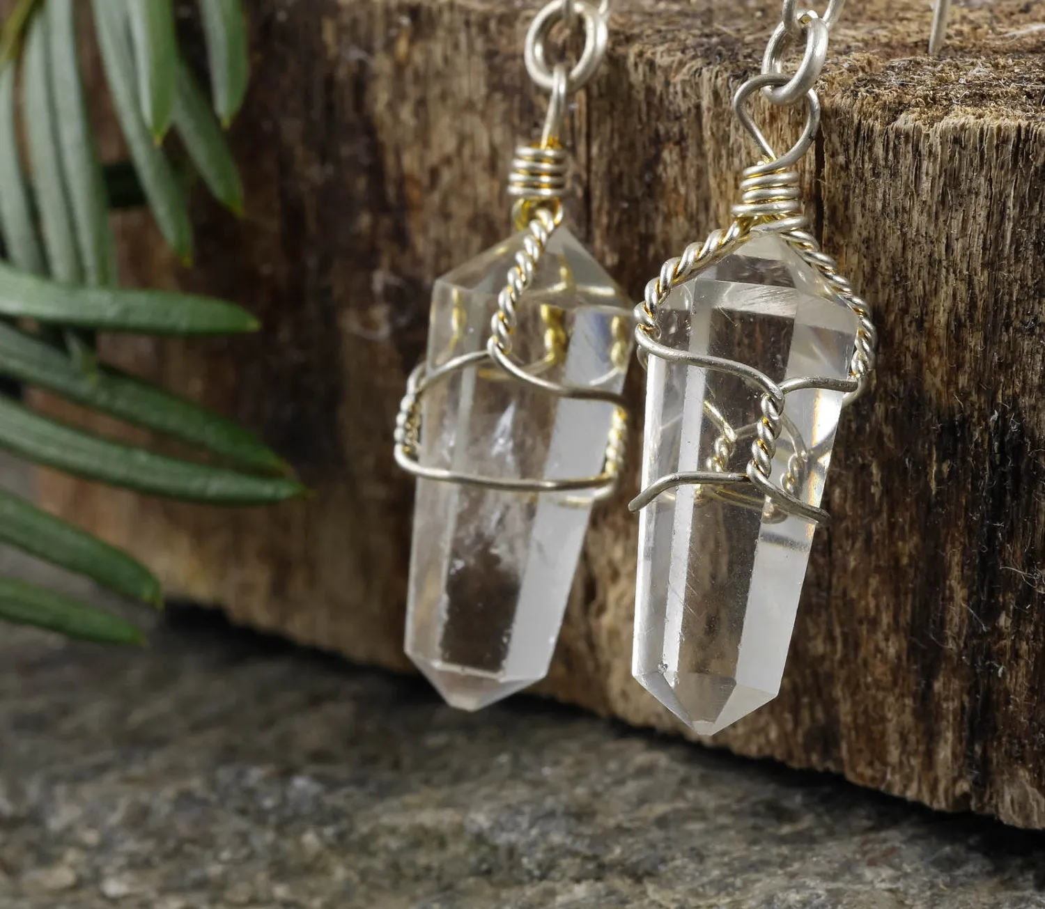 CLEAR QUARTZ Crystal Earrings - Wire Wrapped Jewelry, Crystal Points, Dangle Earrings, E0200