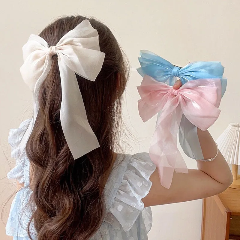Cream Sweet Gauze Bow Hairpin Super Fairy Top Clip Back Head Hairpin Hair Accessories Spring Clip Yiwu Wholesale