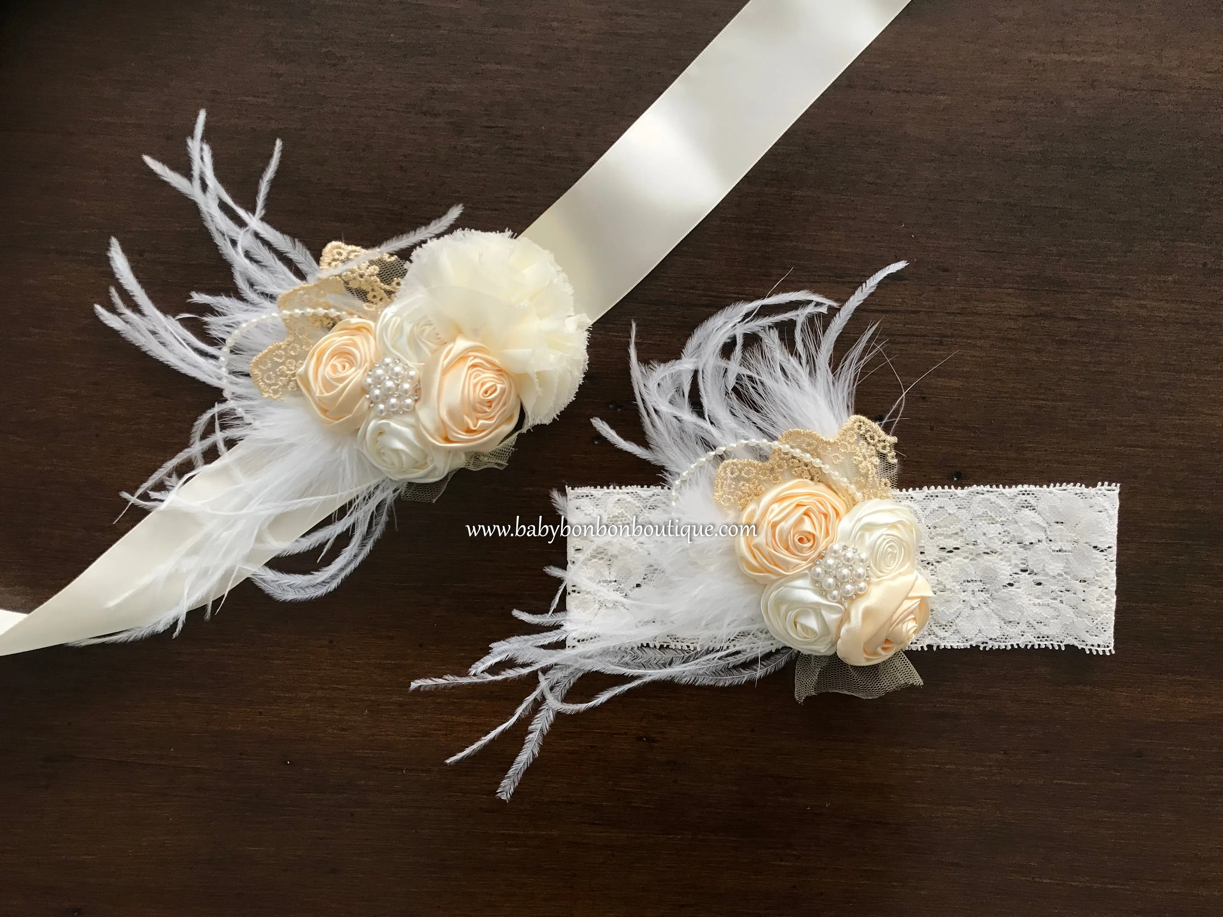 Creme Brulee & Ivory Baptism Headband and Sash