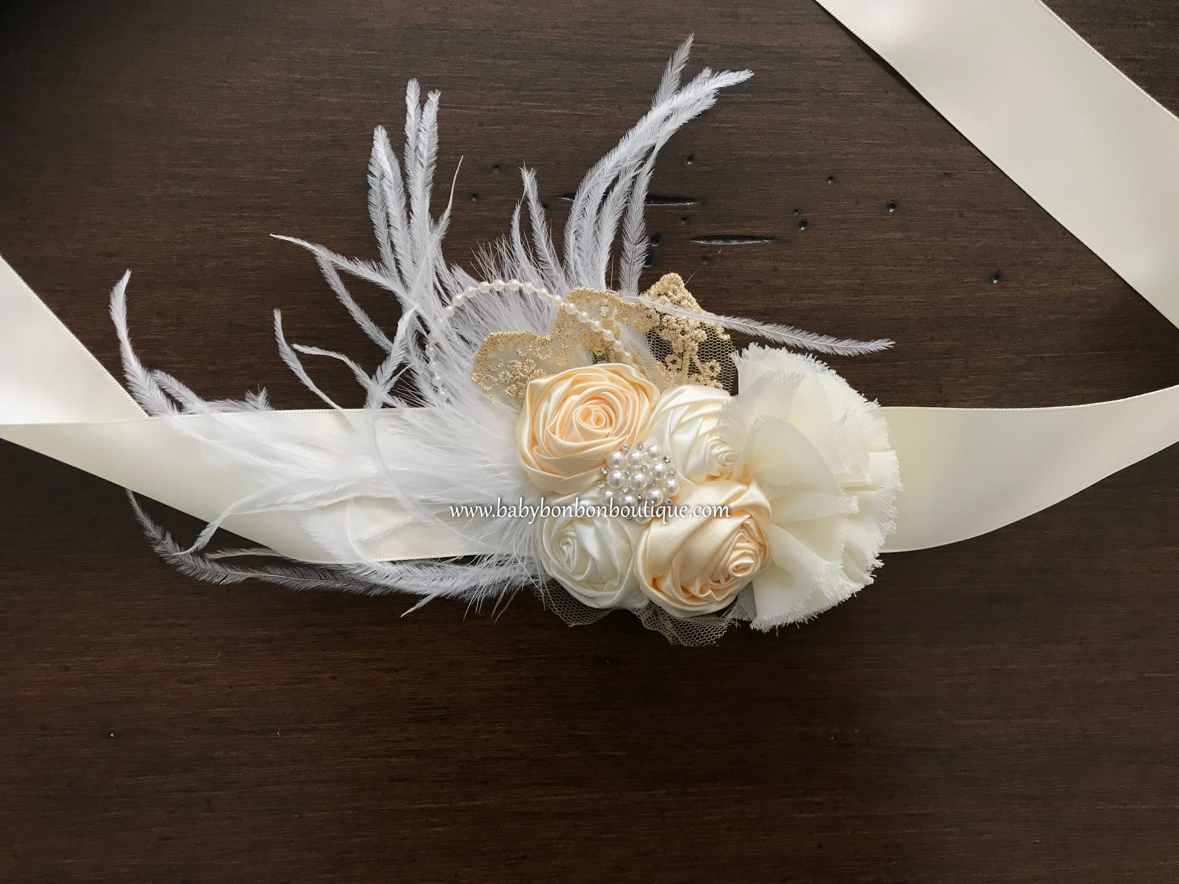 Creme Brulee & Ivory Baptism Headband and Sash