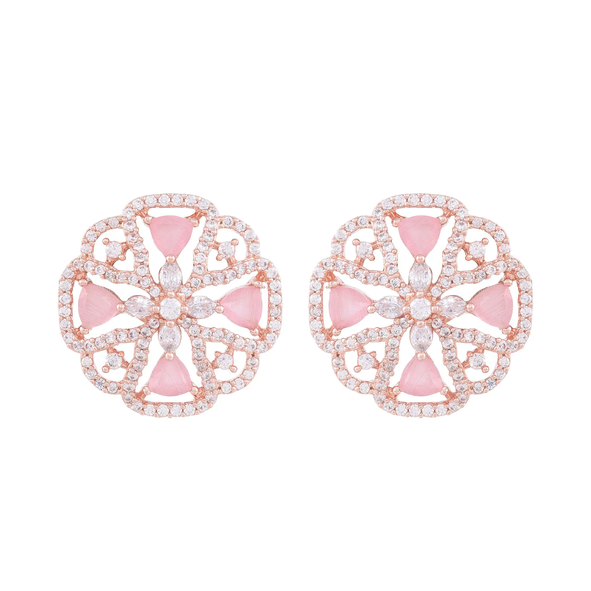Crown Design Rose Quartz Studs Pastel Pink Tops Ad Encrusted Rose Gold Plated Earrings for Women and Girls - Saraf RS Jewellery