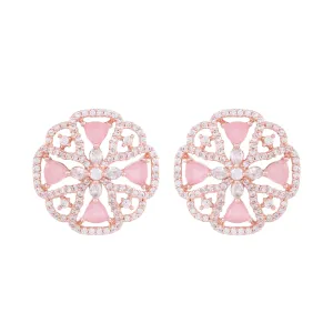 Crown Design Rose Quartz Studs Pastel Pink Tops Ad Encrusted Rose Gold Plated Earrings for Women and Girls - Saraf RS Jewellery