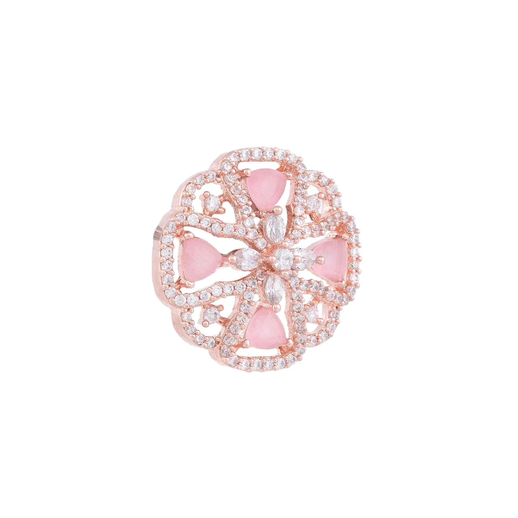 Crown Design Rose Quartz Studs Pastel Pink Tops Ad Encrusted Rose Gold Plated Earrings for Women and Girls - Saraf RS Jewellery