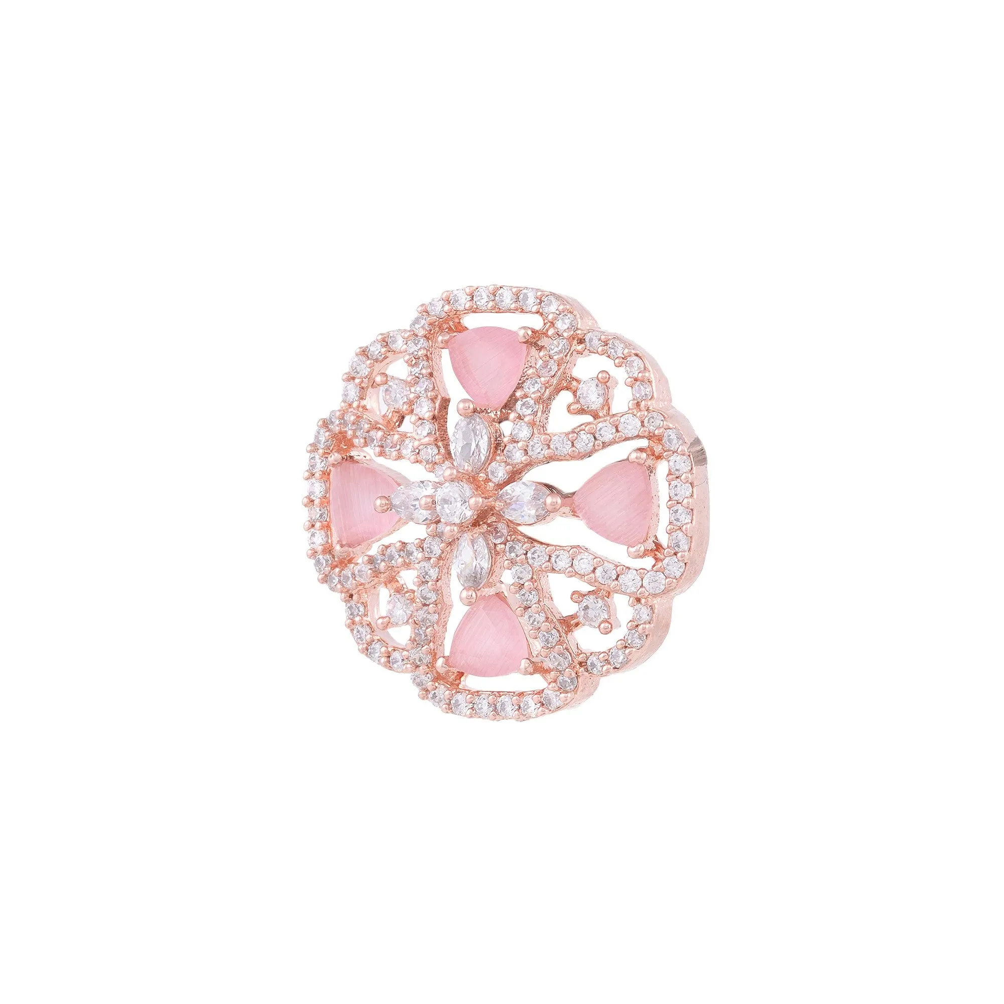 Crown Design Rose Quartz Studs Pastel Pink Tops Ad Encrusted Rose Gold Plated Earrings for Women and Girls - Saraf RS Jewellery