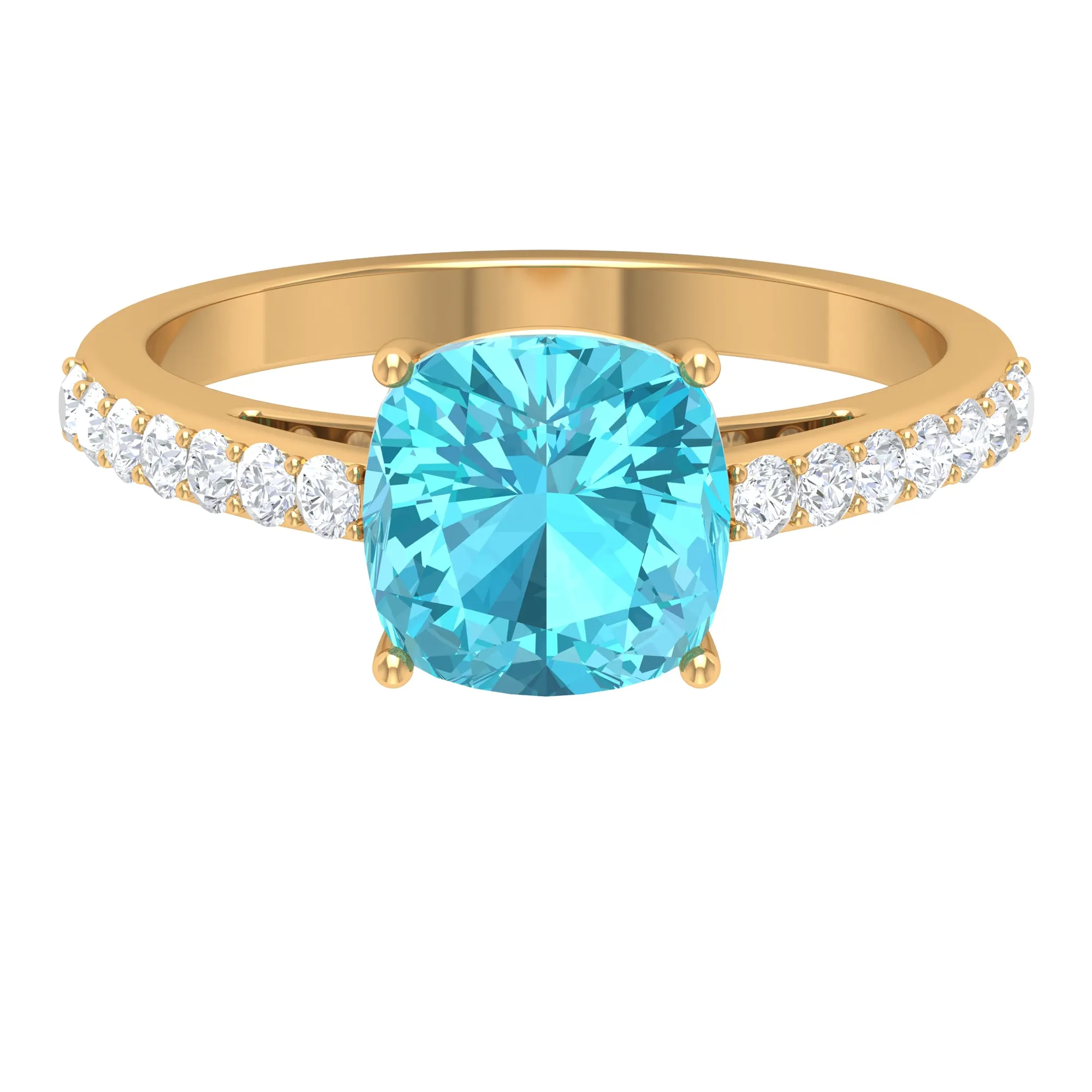 Cushion Shape Swiss Blue Topaz Solitaire Ring with Diamond