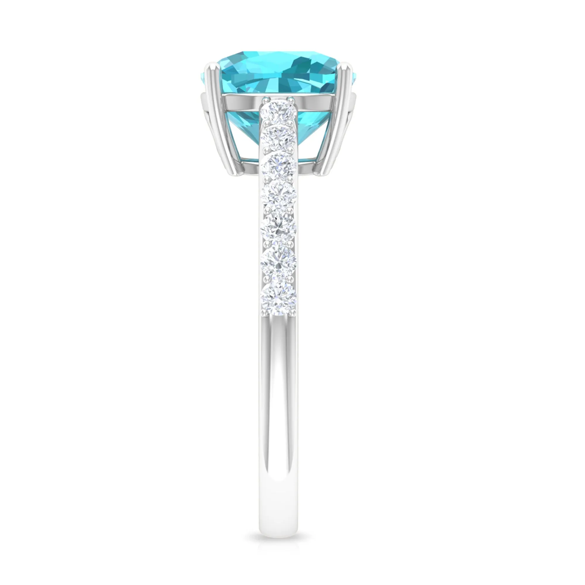 Cushion Shape Swiss Blue Topaz Solitaire Ring with Diamond