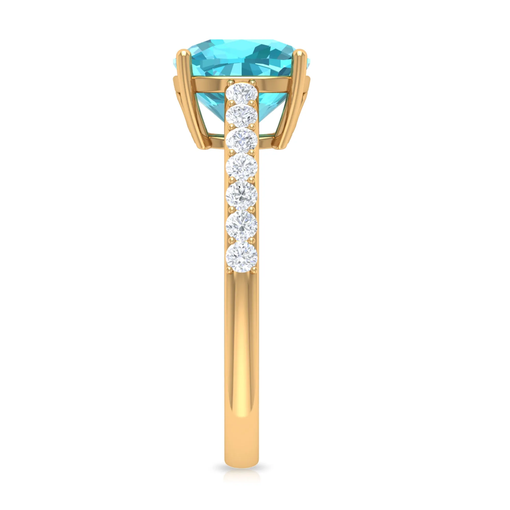 Cushion Shape Swiss Blue Topaz Solitaire Ring with Diamond