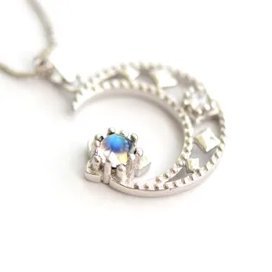 Cute Moonstone Pendant Necklace in White Gold Plated Sterling Silver Jewelry Women