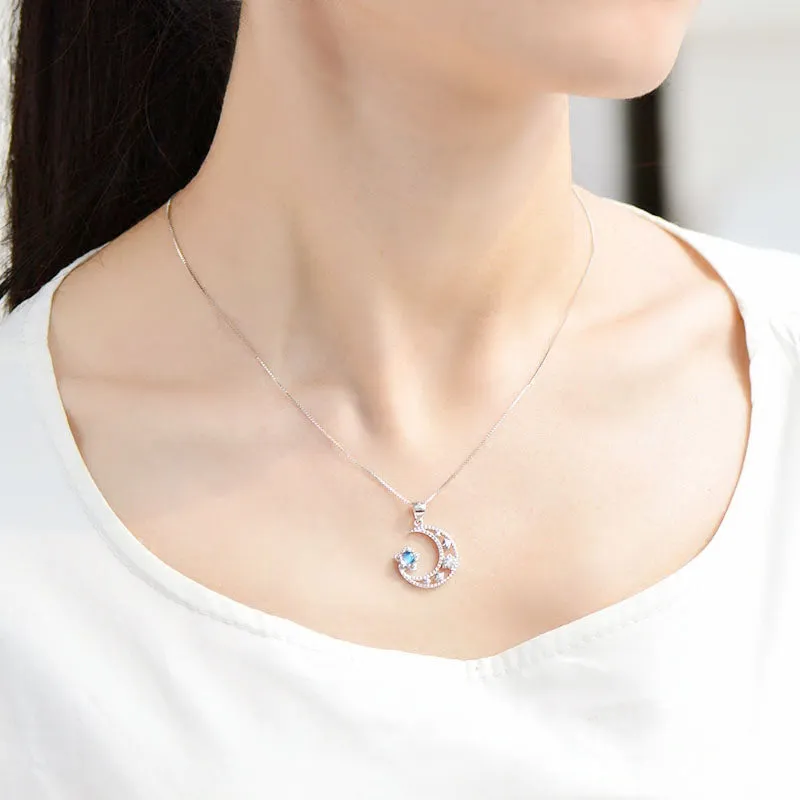 Cute Moonstone Pendant Necklace in White Gold Plated Sterling Silver Jewelry Women