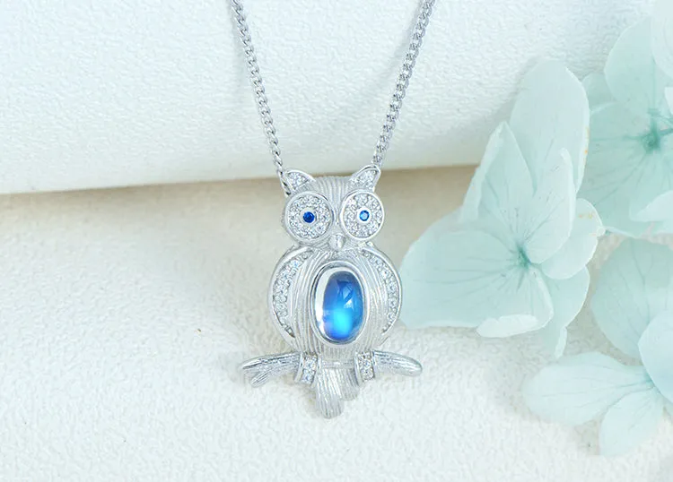 Cute Womens Blue Moonstone Silver Owl Pendant Necklace