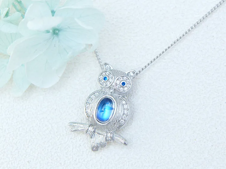 Cute Womens Blue Moonstone Silver Owl Pendant Necklace