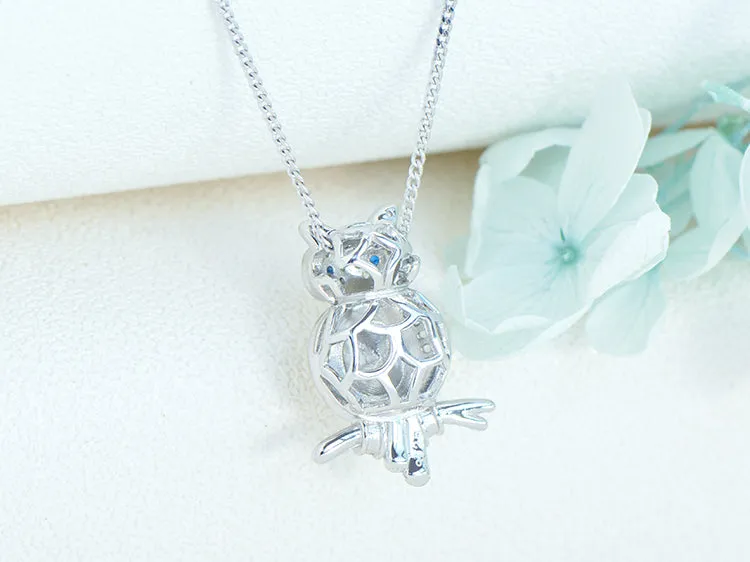 Cute Womens Blue Moonstone Silver Owl Pendant Necklace