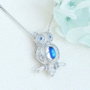 Cute Womens Blue Moonstone Silver Owl Pendant Necklace