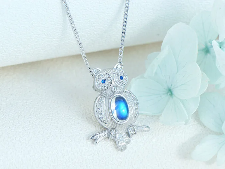 Cute Womens Blue Moonstone Silver Owl Pendant Necklace
