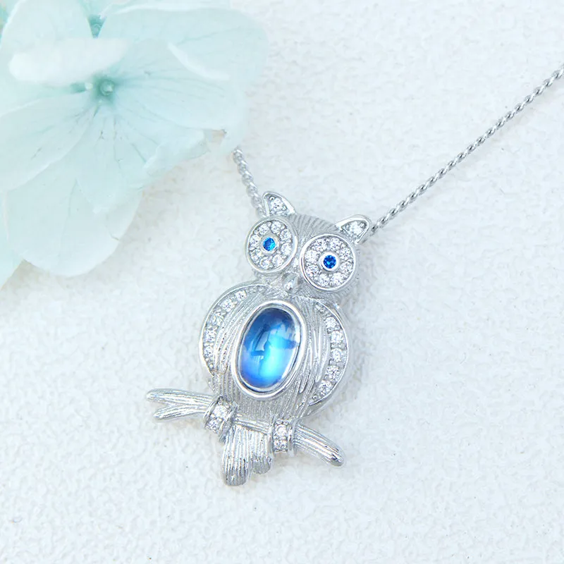 Cute Womens Blue Moonstone Silver Owl Pendant Necklace