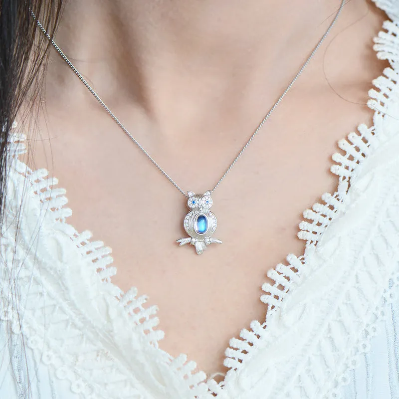 Cute Womens Blue Moonstone Silver Owl Pendant Necklace