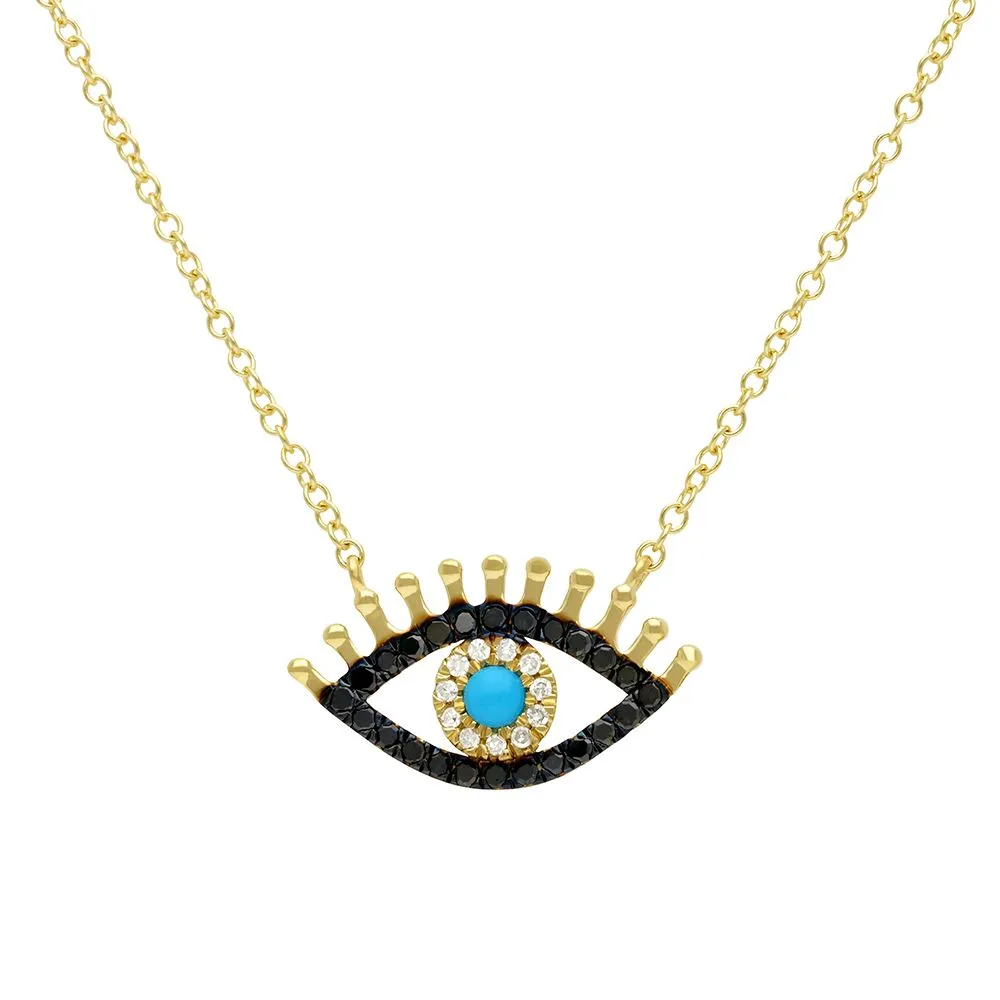 Diamond and Black Diamond Turquoise Evil Eye Necklace 9x15mm