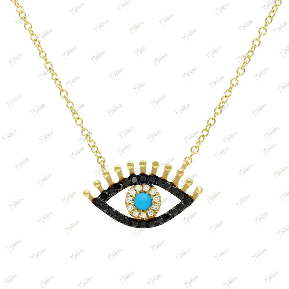 Diamond and Black Diamond Turquoise Evil Eye Necklace 9x15mm