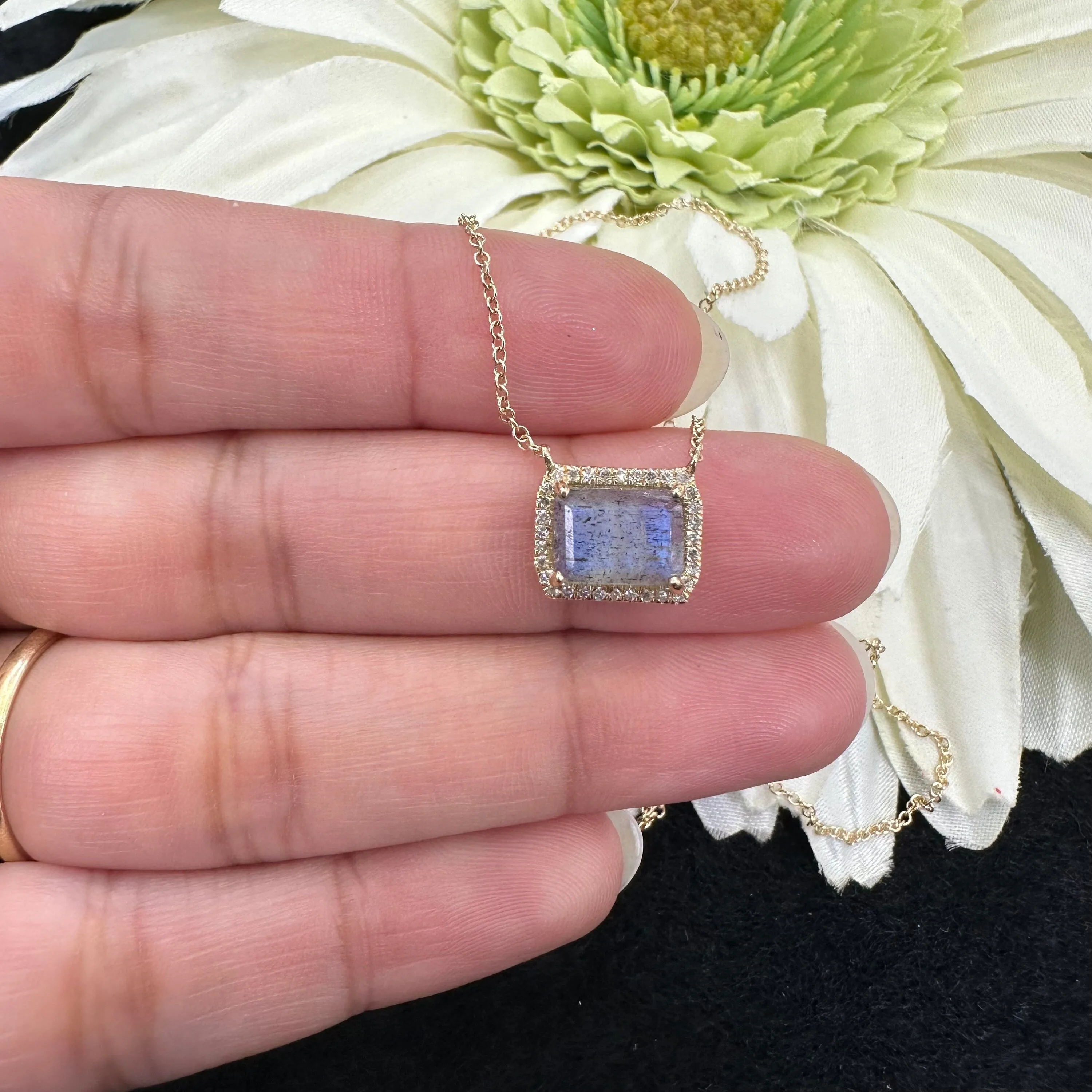 Diamond Edged Rainbow Moonstone Necklace