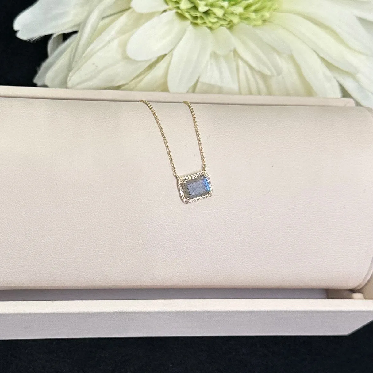 Diamond Edged Rainbow Moonstone Necklace