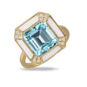 Doves 18K Yellow Gold Diamond Ring with White Agate and Light Blue Topaz