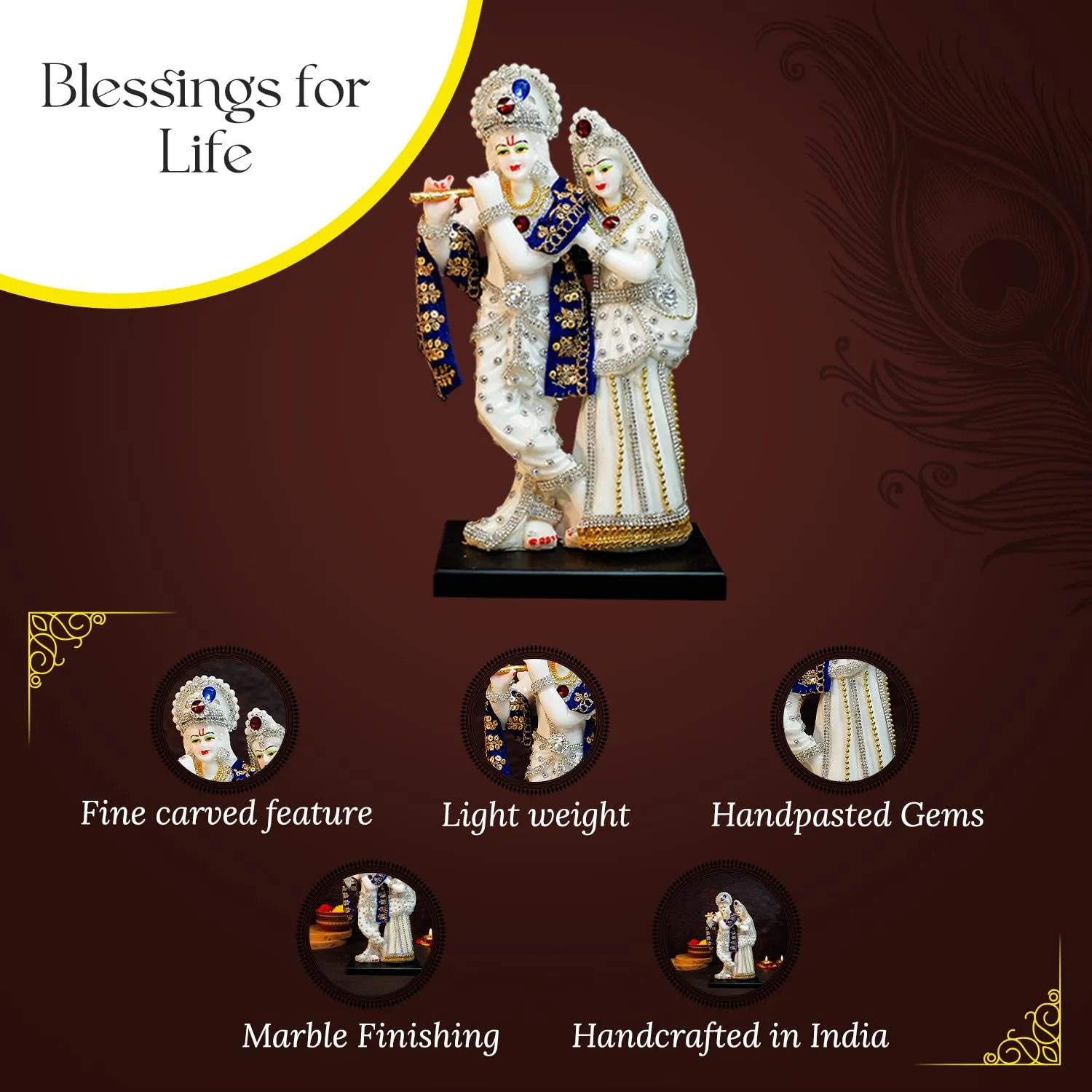 Ekhasa Aura Series Marble Dust Radha Krishna Murti (8 inch, Medium Size) | Gemstone Zircon Studded Radha Krishna Statue | Resin Radha Krishna Idol | Radhe Krishna ki Murti for Pooja