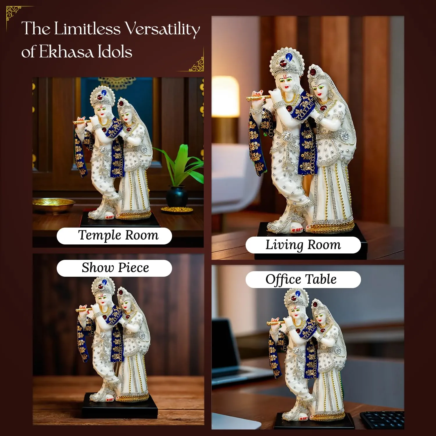 Ekhasa Aura Series Marble Dust Radha Krishna Murti (8 inch, Medium Size) | Gemstone Zircon Studded Radha Krishna Statue | Resin Radha Krishna Idol | Radhe Krishna ki Murti for Pooja