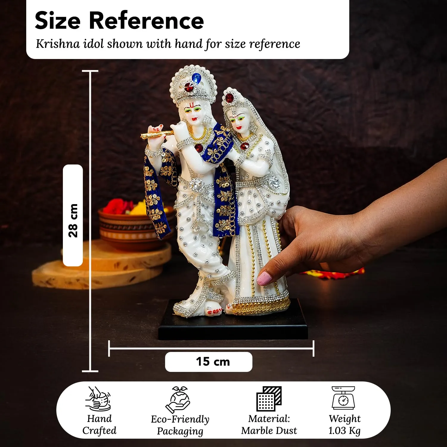 Ekhasa Aura Series Marble Dust Radha Krishna Murti (8 inch, Medium Size) | Gemstone Zircon Studded Radha Krishna Statue | Resin Radha Krishna Idol | Radhe Krishna ki Murti for Pooja