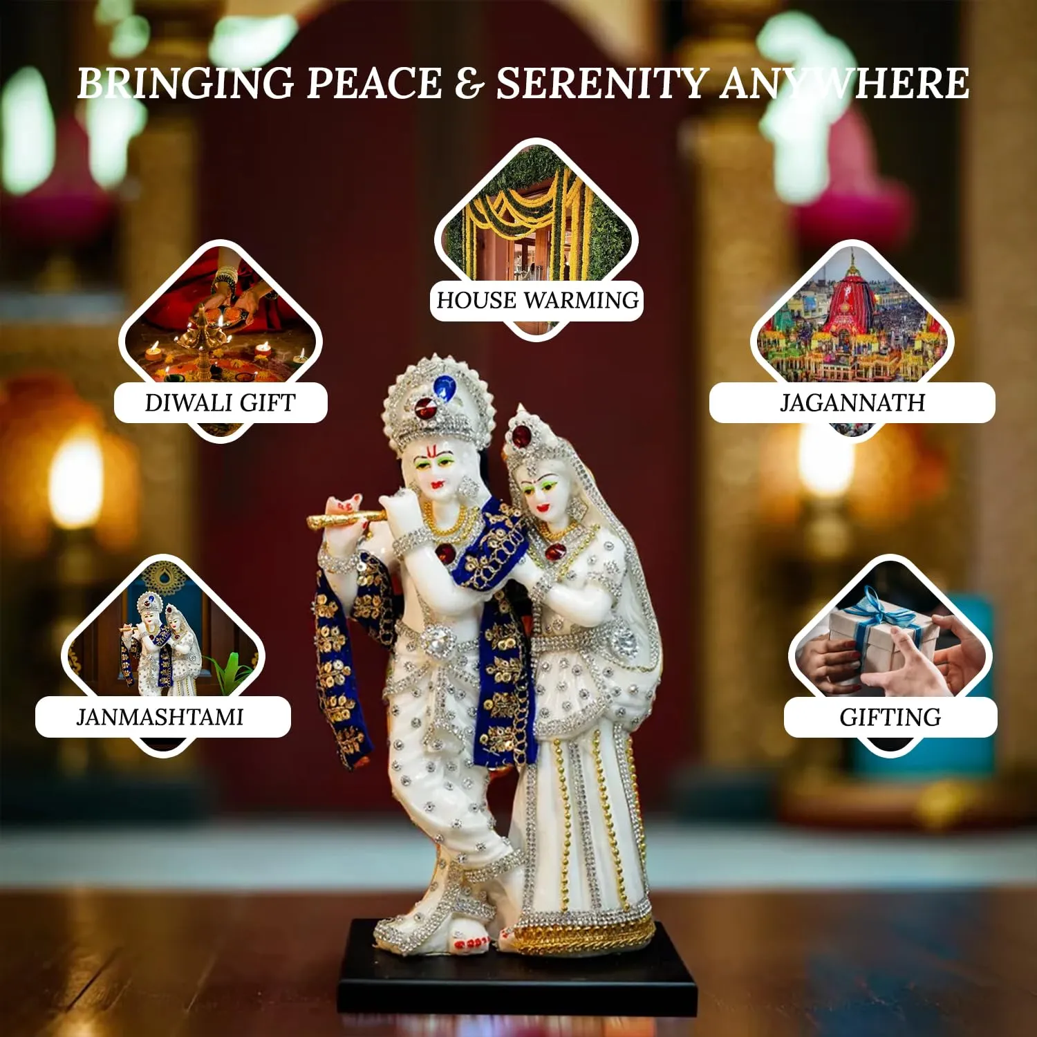 Ekhasa Aura Series Marble Dust Radha Krishna Murti (8 inch, Medium Size) | Gemstone Zircon Studded Radha Krishna Statue | Resin Radha Krishna Idol | Radhe Krishna ki Murti for Pooja