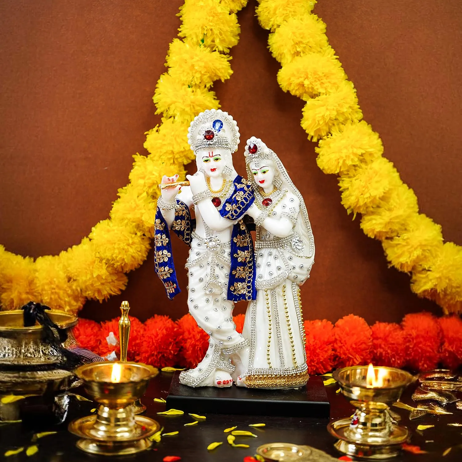 Ekhasa Aura Series Marble Dust Radha Krishna Murti (8 inch, Medium Size) | Gemstone Zircon Studded Radha Krishna Statue | Resin Radha Krishna Idol | Radhe Krishna ki Murti for Pooja
