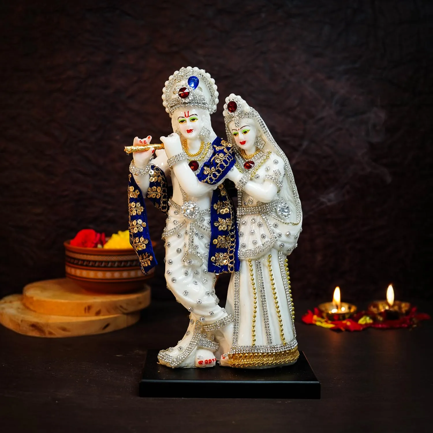 Ekhasa Aura Series Marble Dust Radha Krishna Murti (8 inch, Medium Size) | Gemstone Zircon Studded Radha Krishna Statue | Resin Radha Krishna Idol | Radhe Krishna ki Murti for Pooja