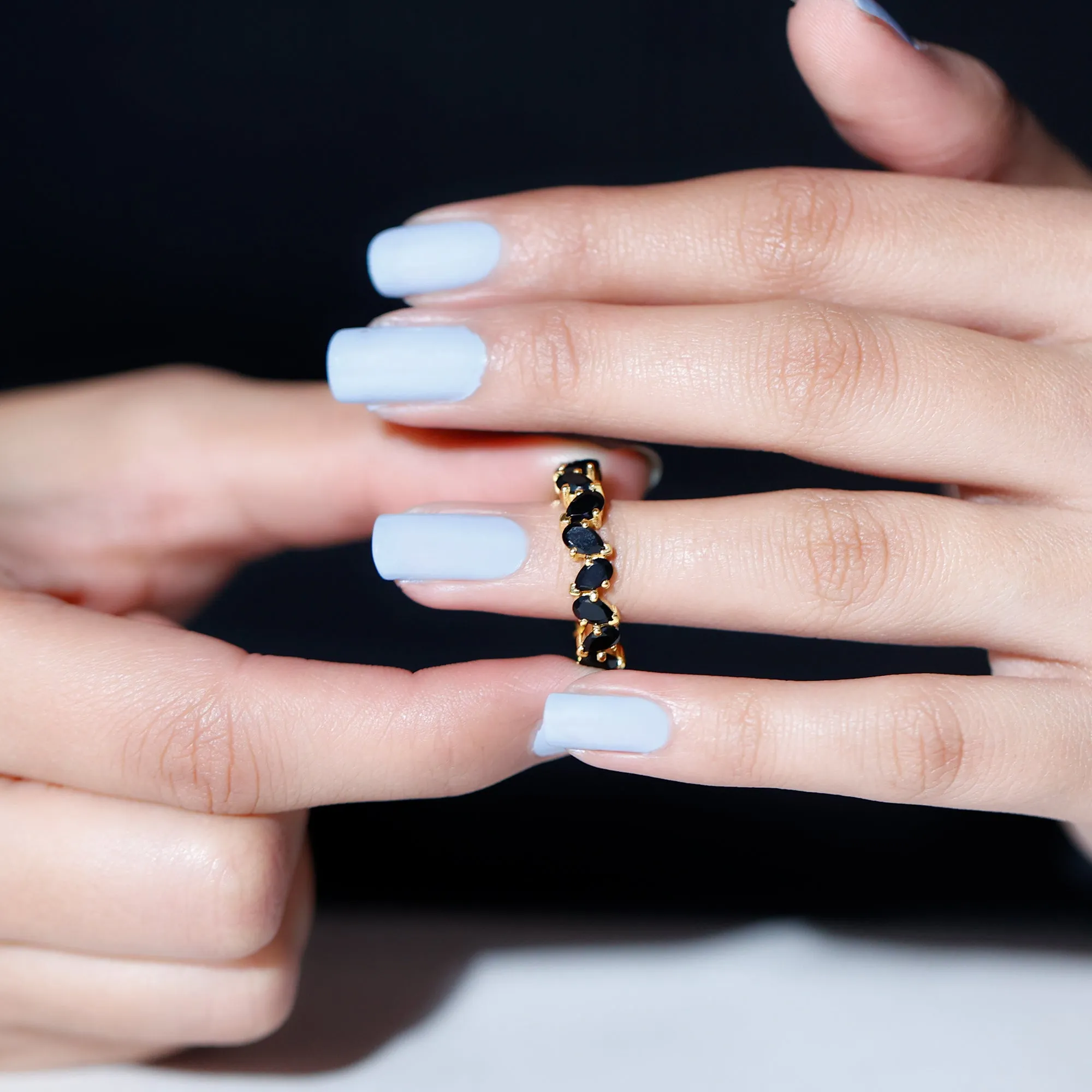 Elegant Pear Shape Black Onyx Tilted Eternity Band Ring in Gold