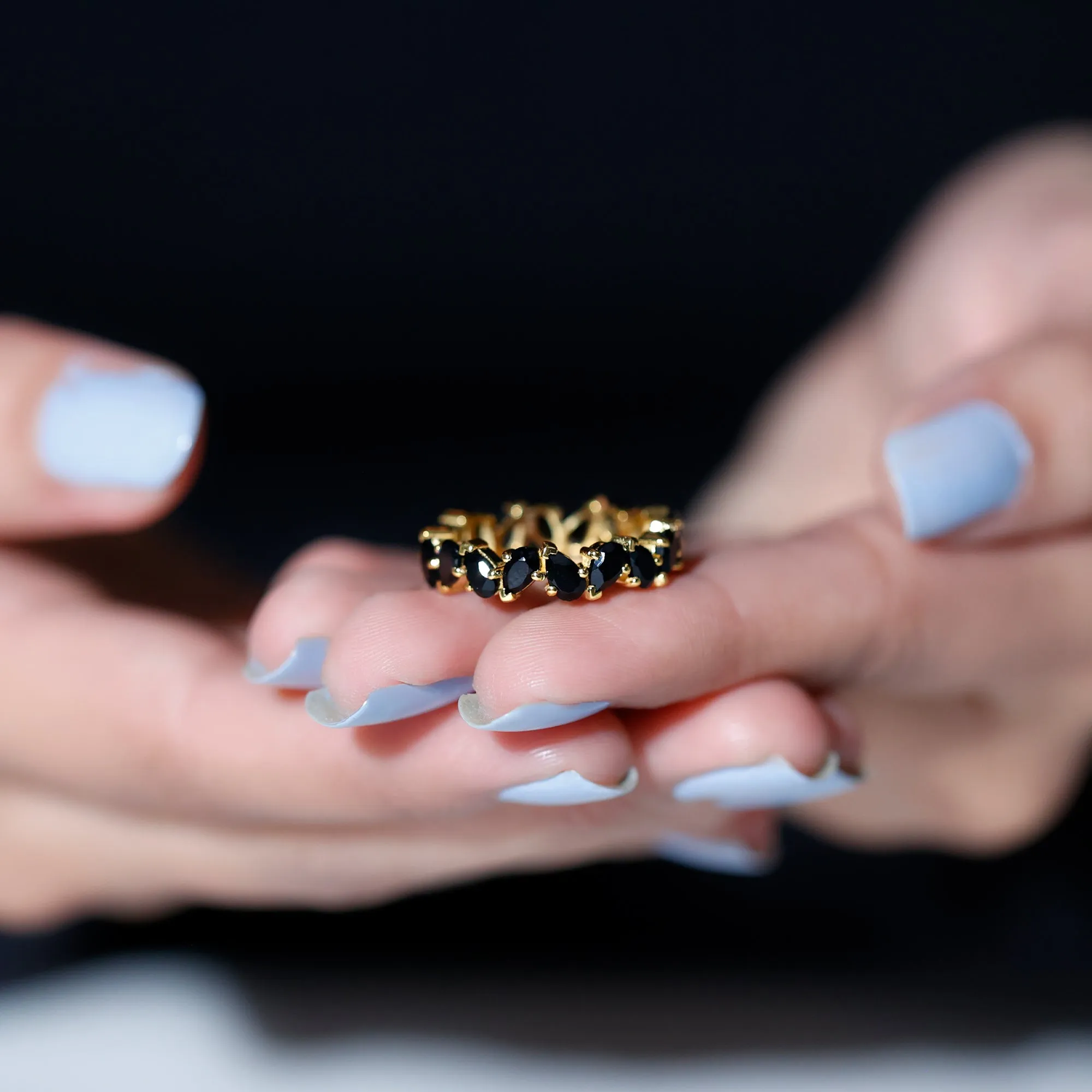 Elegant Pear Shape Black Onyx Tilted Eternity Band Ring in Gold
