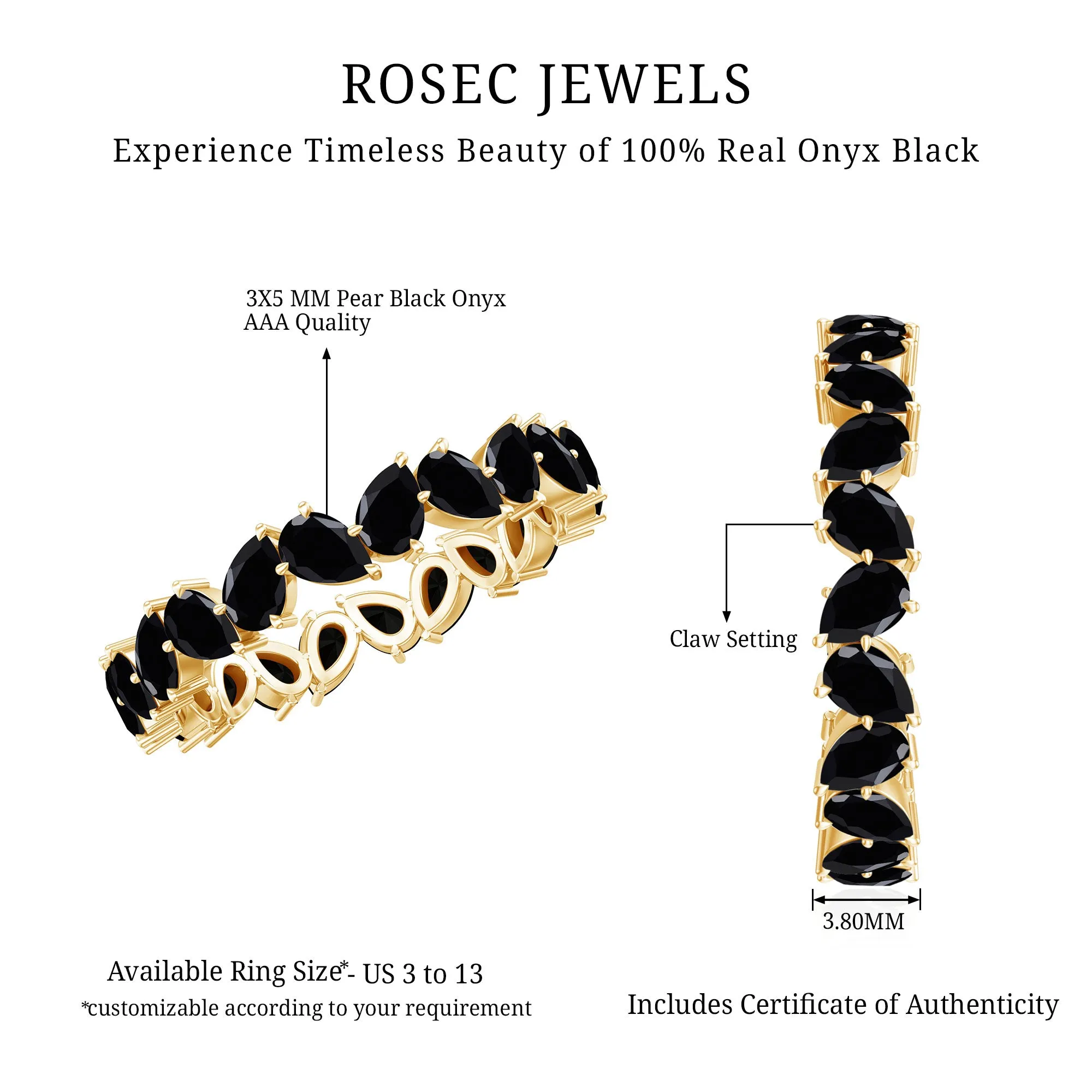 Elegant Pear Shape Black Onyx Tilted Eternity Band Ring in Gold