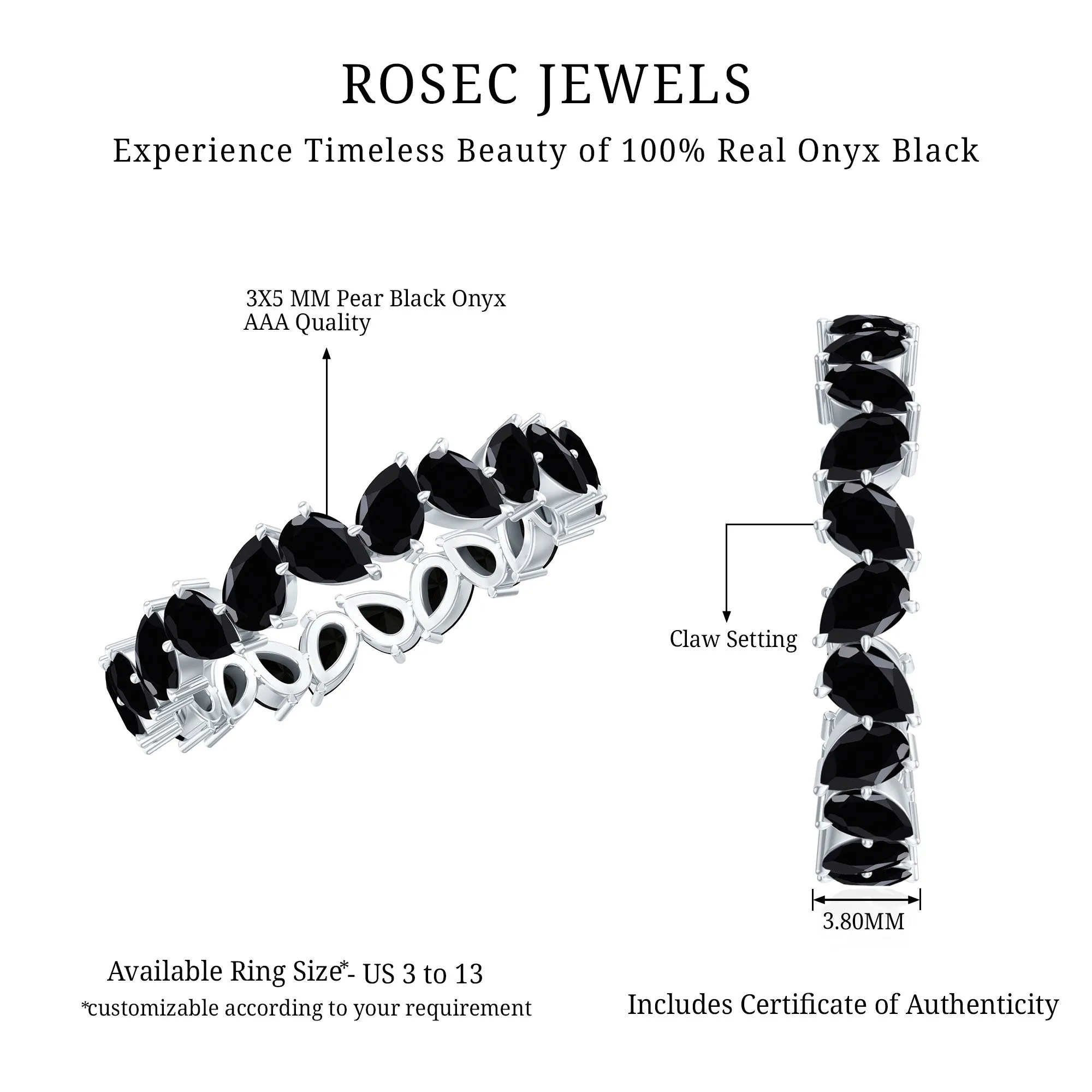 Elegant Pear Shape Black Onyx Tilted Eternity Band Ring in Gold