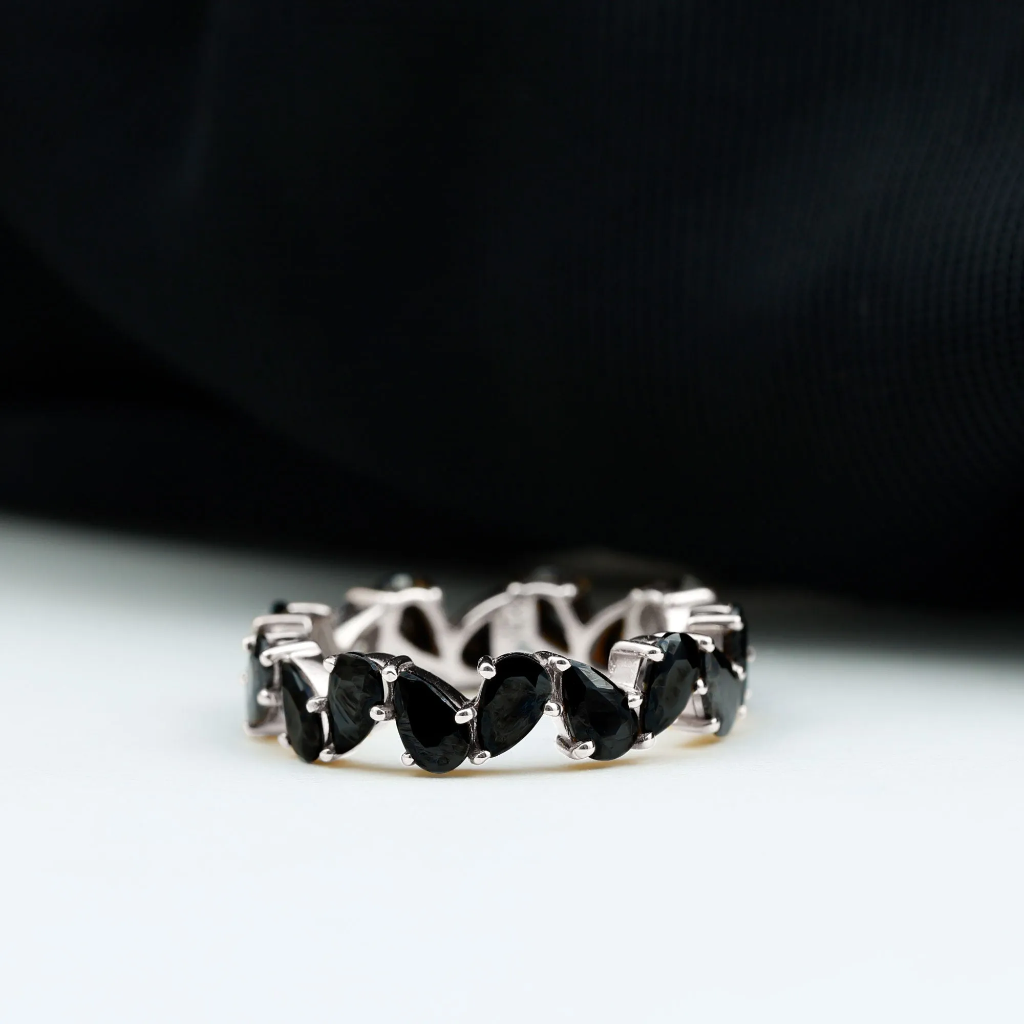 Elegant Pear Shape Black Onyx Tilted Eternity Band Ring in Gold